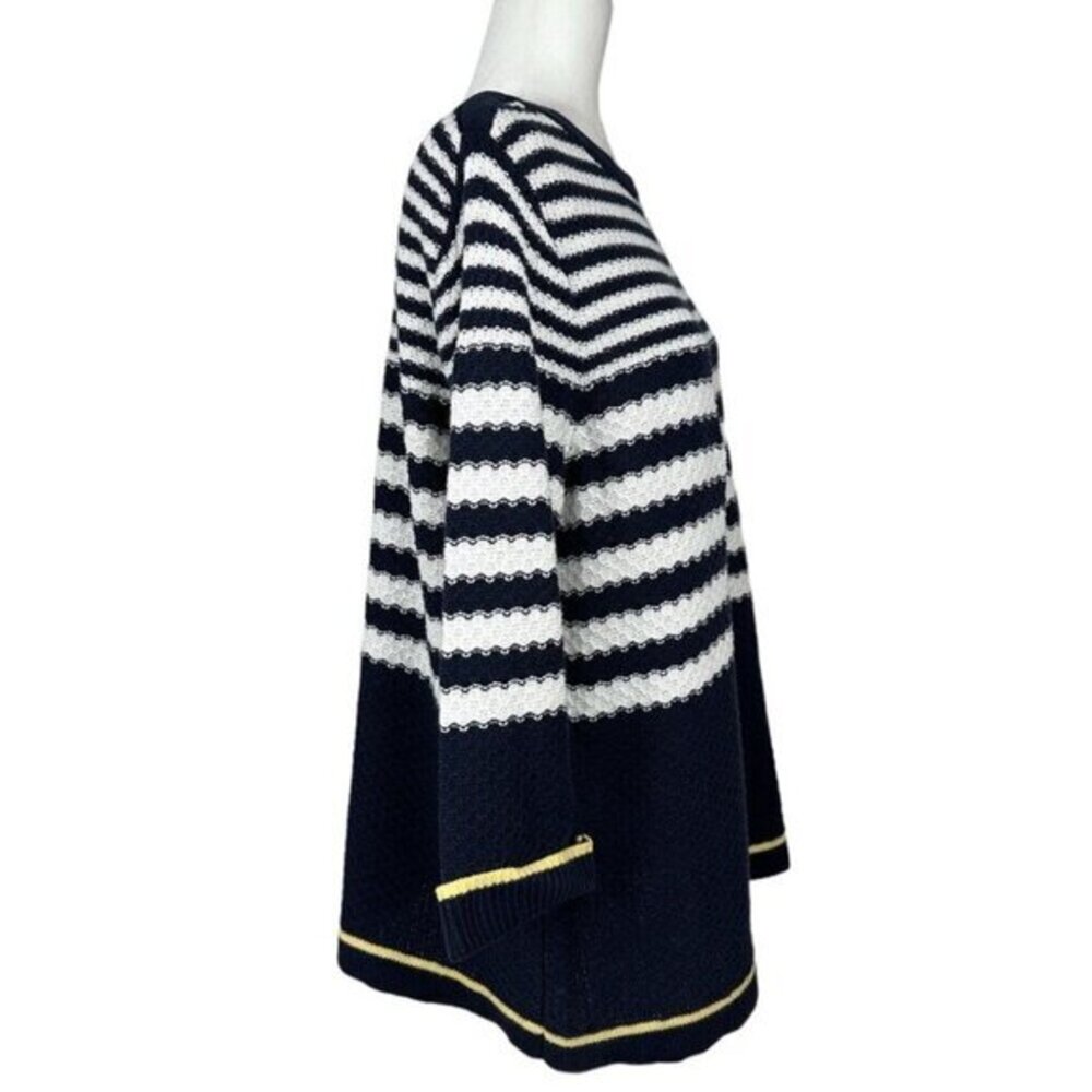 CJ Banks Womens 1X Navy Blue White Striped 100% Cotton 3/4 Sleeve Sweater Top - Picture 2 of 12